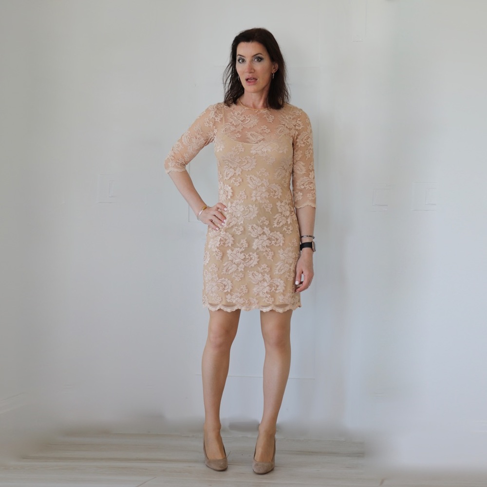 ABS Schwartz lace dress in rose gold.